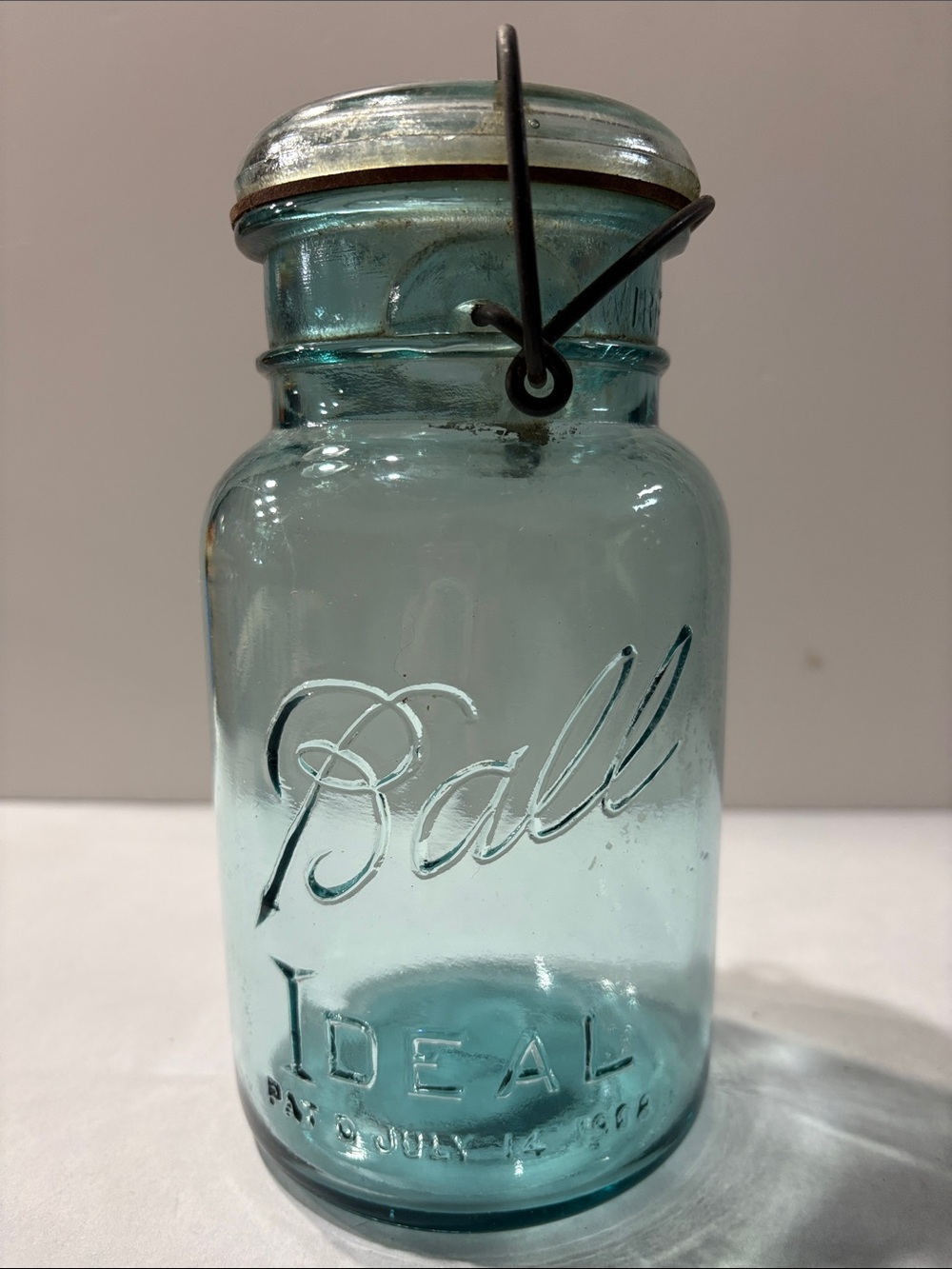 Ball Ideal Antique Blue Glass Mason Jar with Wire Bail Lid 1908 rare lucky #7